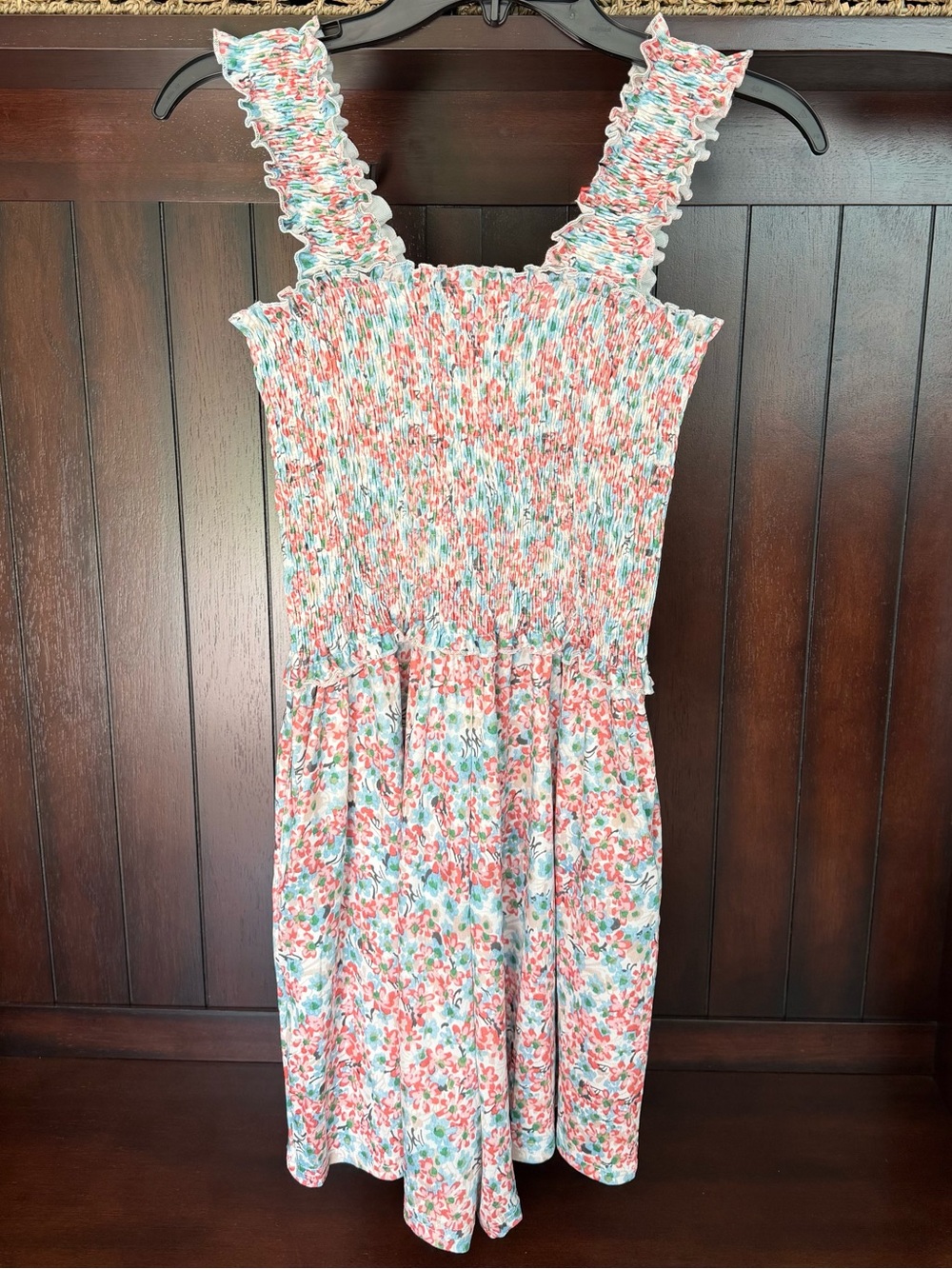 Smocked Floral Sundress Romper in Touquise Peach and White - Picture 5 of 9